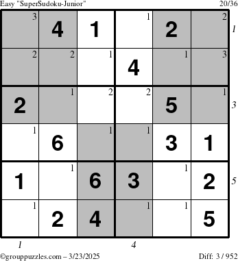 The grouppuzzles.com Easy SuperSudoku-Junior puzzle for Sunday March 23, 2025 with all 3 steps marked