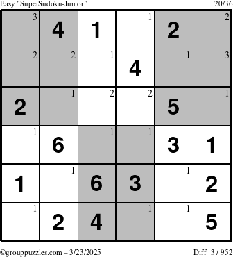 The grouppuzzles.com Easy SuperSudoku-Junior puzzle for Sunday March 23, 2025 with the first 3 steps marked