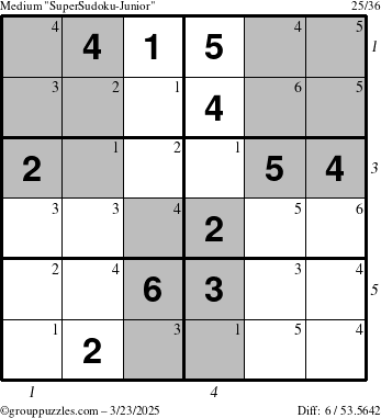 The grouppuzzles.com Medium SuperSudoku-Junior puzzle for Sunday March 23, 2025 with all 6 steps marked