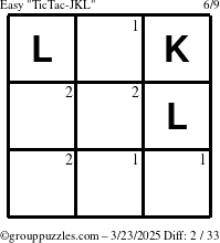 The grouppuzzles.com Easy TicTac-JKL puzzle for Sunday March 23, 2025 with the first 2 steps marked
