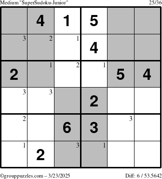 The grouppuzzles.com Medium SuperSudoku-Junior puzzle for Sunday March 23, 2025 with the first 3 steps marked
