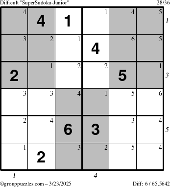 The grouppuzzles.com Difficult SuperSudoku-Junior puzzle for Sunday March 23, 2025 with all 6 steps marked