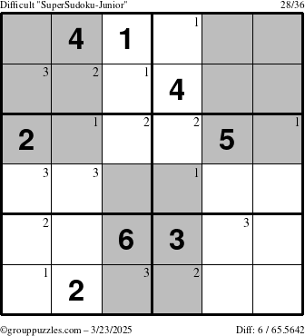 The grouppuzzles.com Difficult SuperSudoku-Junior puzzle for Sunday March 23, 2025 with the first 3 steps marked