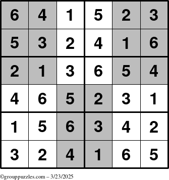 The grouppuzzles.com Answer grid for the SuperSudoku-Junior puzzle for Sunday March 23, 2025