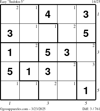 The grouppuzzles.com Easy Sudoku-5 puzzle for Sunday March 23, 2025 with all 3 steps marked