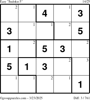 The grouppuzzles.com Easy Sudoku-5 puzzle for Sunday March 23, 2025 with the first 3 steps marked