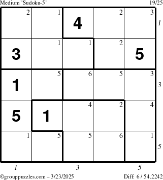 The grouppuzzles.com Medium Sudoku-5 puzzle for Sunday March 23, 2025 with all 6 steps marked