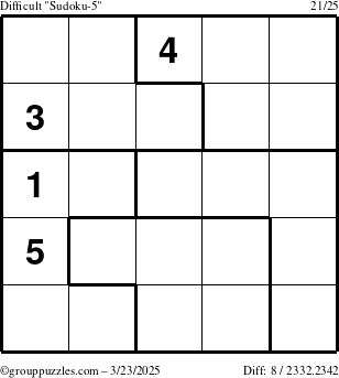 The grouppuzzles.com Difficult Sudoku-5 puzzle for Sunday March 23, 2025