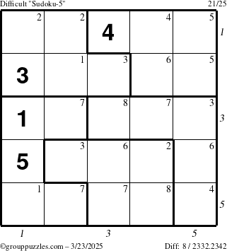 The grouppuzzles.com Difficult Sudoku-5 puzzle for Sunday March 23, 2025 with all 8 steps marked
