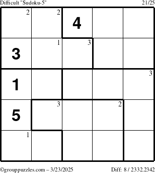 The grouppuzzles.com Difficult Sudoku-5 puzzle for Sunday March 23, 2025 with the first 3 steps marked