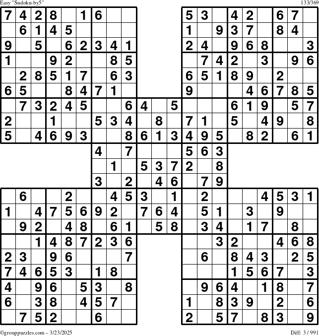The grouppuzzles.com Easy Sudoku-by5 puzzle for Sunday March 23, 2025