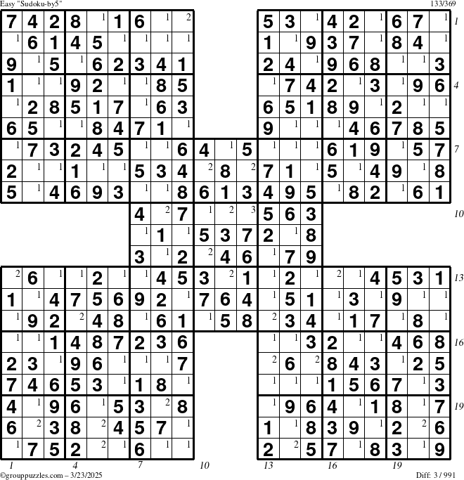 The grouppuzzles.com Easy Sudoku-by5 puzzle for Sunday March 23, 2025 with all 3 steps marked
