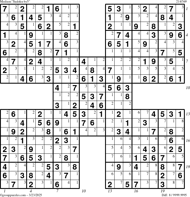 The grouppuzzles.com Medium Sudoku-by5 puzzle for Sunday March 23, 2025 with all 8 steps marked