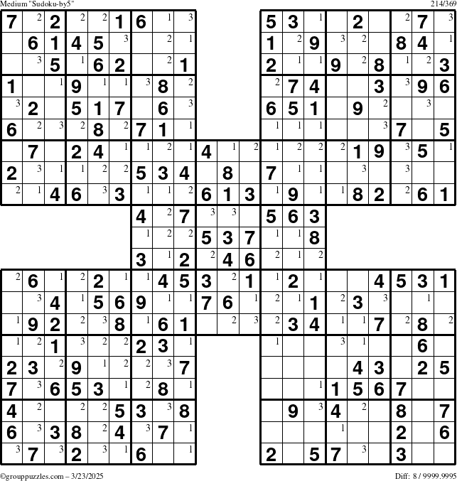 The grouppuzzles.com Medium Sudoku-by5 puzzle for Sunday March 23, 2025 with the first 3 steps marked
