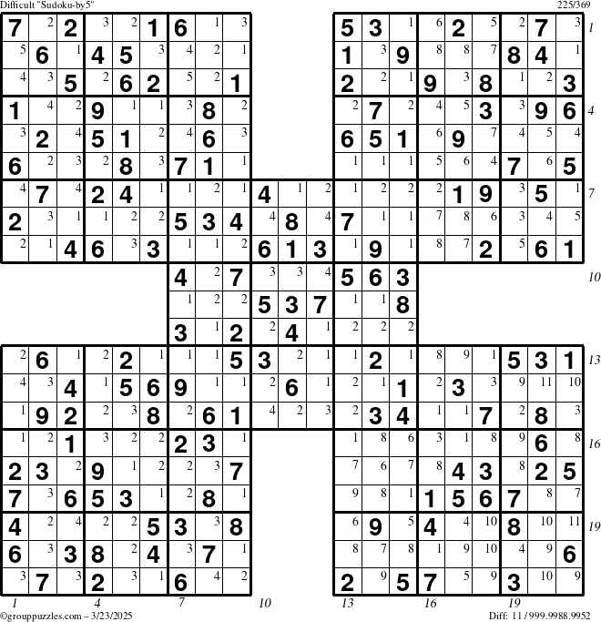 The grouppuzzles.com Difficult Sudoku-by5 puzzle for Sunday March 23, 2025 with all 11 steps marked