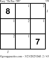 The grouppuzzles.com Easy TicTac-789 puzzle for Sunday March 23, 2025 with all 2 steps marked