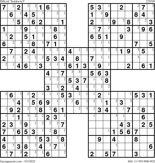 The grouppuzzles.com Difficult Sudoku-by5 puzzle for Sunday March 23, 2025 with the first 3 steps marked