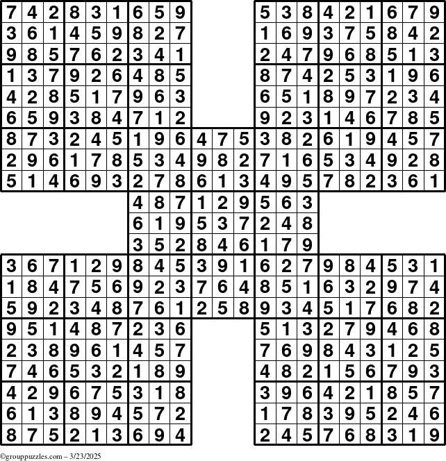 The grouppuzzles.com Answer grid for the Sudoku-by5 puzzle for Sunday March 23, 2025
