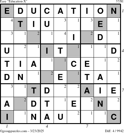 The grouppuzzles.com Easy Education-X puzzle for Sunday March 23, 2025 with all 4 steps marked
