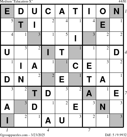 The grouppuzzles.com Medium Education-X puzzle for Sunday March 23, 2025 with all 5 steps marked