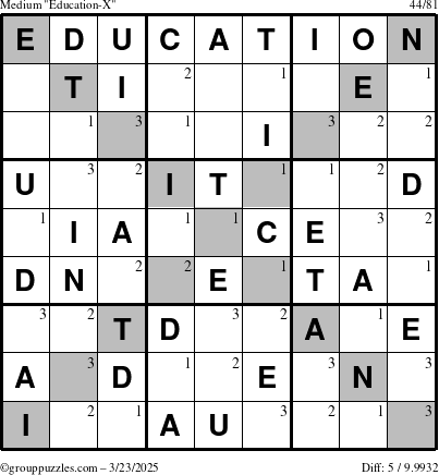 The grouppuzzles.com Medium Education-X puzzle for Sunday March 23, 2025 with the first 3 steps marked