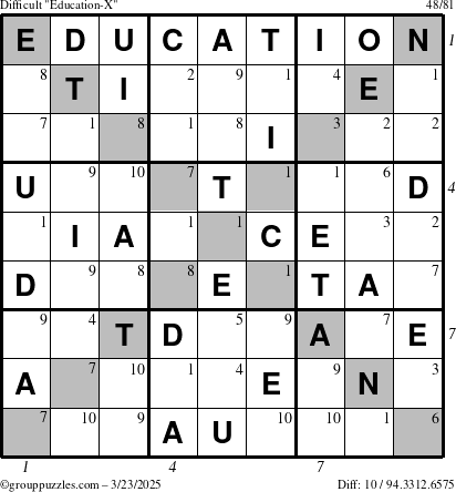 The grouppuzzles.com Difficult Education-X puzzle for Sunday March 23, 2025 with all 10 steps marked