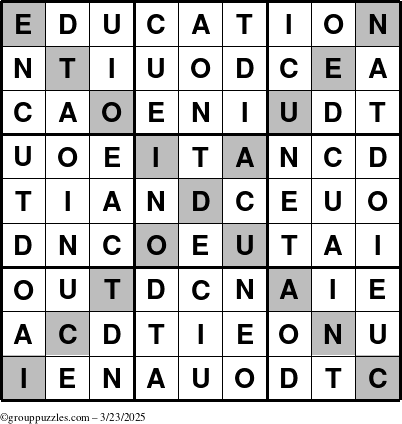 The grouppuzzles.com Answer grid for the Education-X puzzle for Sunday March 23, 2025