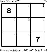 The grouppuzzles.com Easy TicTac-789 puzzle for Sunday March 23, 2025 with the first 2 steps marked