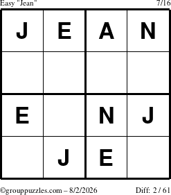 The grouppuzzles.com Easy Jean puzzle for Sunday August 2, 2026
