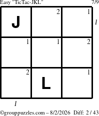 The grouppuzzles.com Easy TicTac-JKL puzzle for Sunday August 2, 2026, suitable for printing, with all 2 steps marked