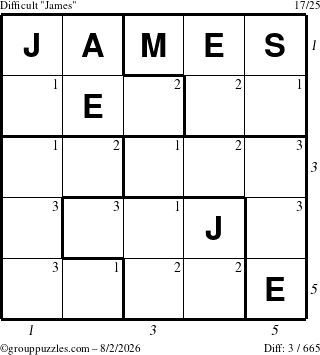 The grouppuzzles.com Difficult James puzzle for Sunday August 2, 2026, suitable for printing, with all 3 steps marked
