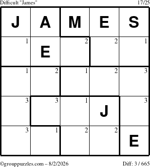 The grouppuzzles.com Difficult James puzzle for Sunday August 2, 2026 with the first 3 steps marked
