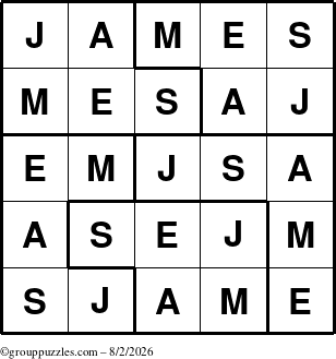 The grouppuzzles.com Answer grid for the James puzzle for Sunday August 2, 2026