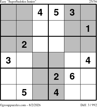 The grouppuzzles.com Easy SuperSudoku-Junior puzzle for Sunday August 2, 2026