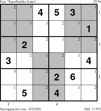The grouppuzzles.com Easy SuperSudoku-Junior puzzle for Sunday August 2, 2026, suitable for printing, with all 3 steps marked