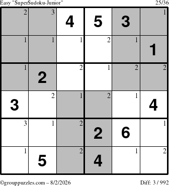 The grouppuzzles.com Easy SuperSudoku-Junior puzzle for Sunday August 2, 2026 with the first 3 steps marked