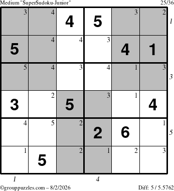 The grouppuzzles.com Medium SuperSudoku-Junior puzzle for Sunday August 2, 2026 with all 5 steps marked