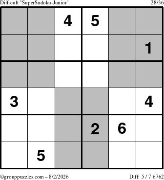 The grouppuzzles.com Difficult SuperSudoku-Junior puzzle for Sunday August 2, 2026