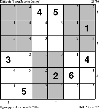 The grouppuzzles.com Difficult SuperSudoku-Junior puzzle for Sunday August 2, 2026 with all 5 steps marked