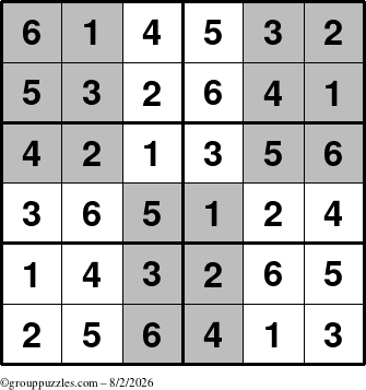 The grouppuzzles.com Answer grid for the SuperSudoku-Junior puzzle for Sunday August 2, 2026