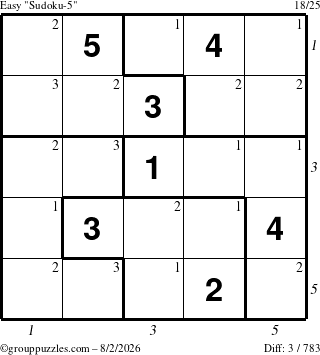 The grouppuzzles.com Easy Sudoku-5 puzzle for Sunday August 2, 2026 with all 3 steps marked