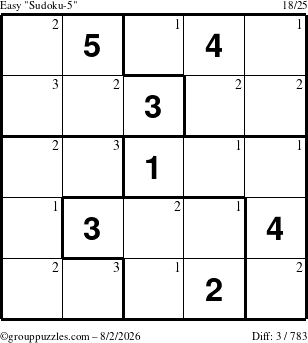 The grouppuzzles.com Easy Sudoku-5 puzzle for Sunday August 2, 2026 with the first 3 steps marked