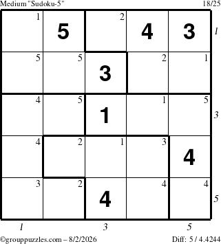 The grouppuzzles.com Medium Sudoku-5 puzzle for Sunday August 2, 2026 with all 5 steps marked