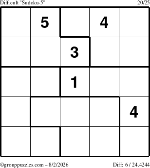 The grouppuzzles.com Difficult Sudoku-5 puzzle for Sunday August 2, 2026