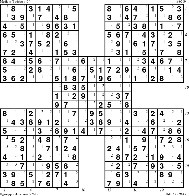 The grouppuzzles.com Medium Sudoku-by5 puzzle for Sunday August 2, 2026 with all 5 steps marked