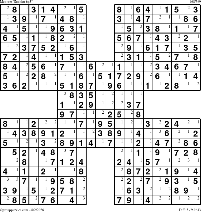 The grouppuzzles.com Medium Sudoku-by5 puzzle for Sunday August 2, 2026 with the first 3 steps marked