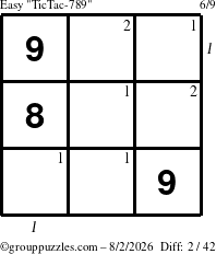 The grouppuzzles.com Easy TicTac-789 puzzle for Sunday August 2, 2026 with all 2 steps marked