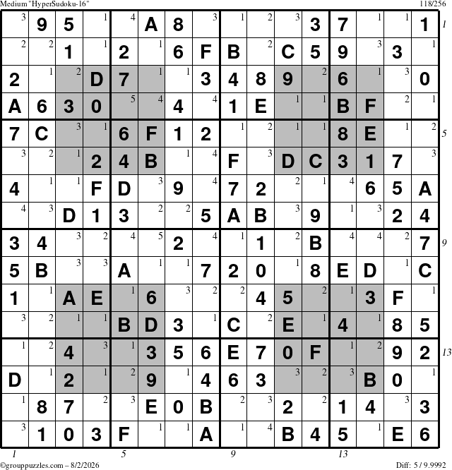 The grouppuzzles.com Medium HyperSudoku-16 puzzle for Sunday August 2, 2026, suitable for printing, with all 5 steps marked