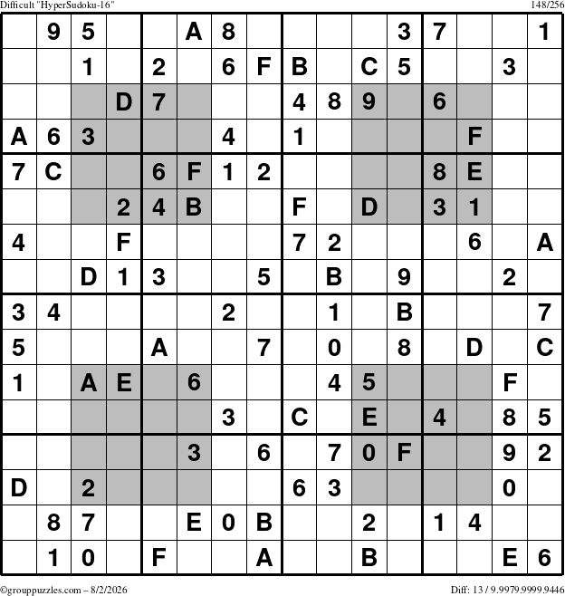 The grouppuzzles.com Difficult HyperSudoku-16 puzzle for Sunday August 2, 2026