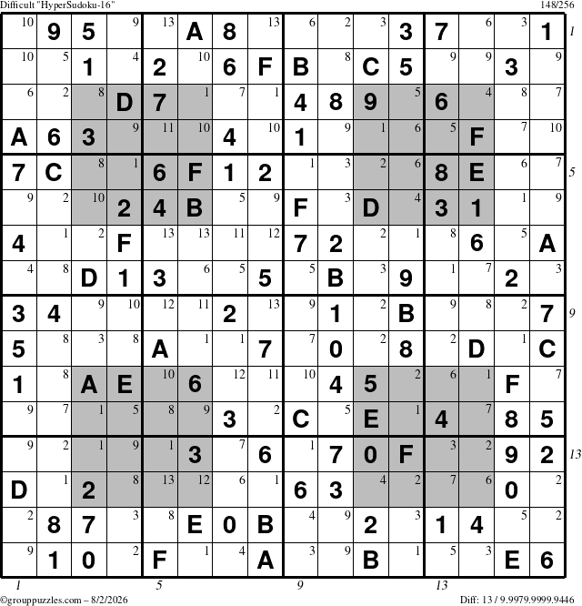 The grouppuzzles.com Difficult HyperSudoku-16 puzzle for Sunday August 2, 2026, suitable for printing, with all 13 steps marked